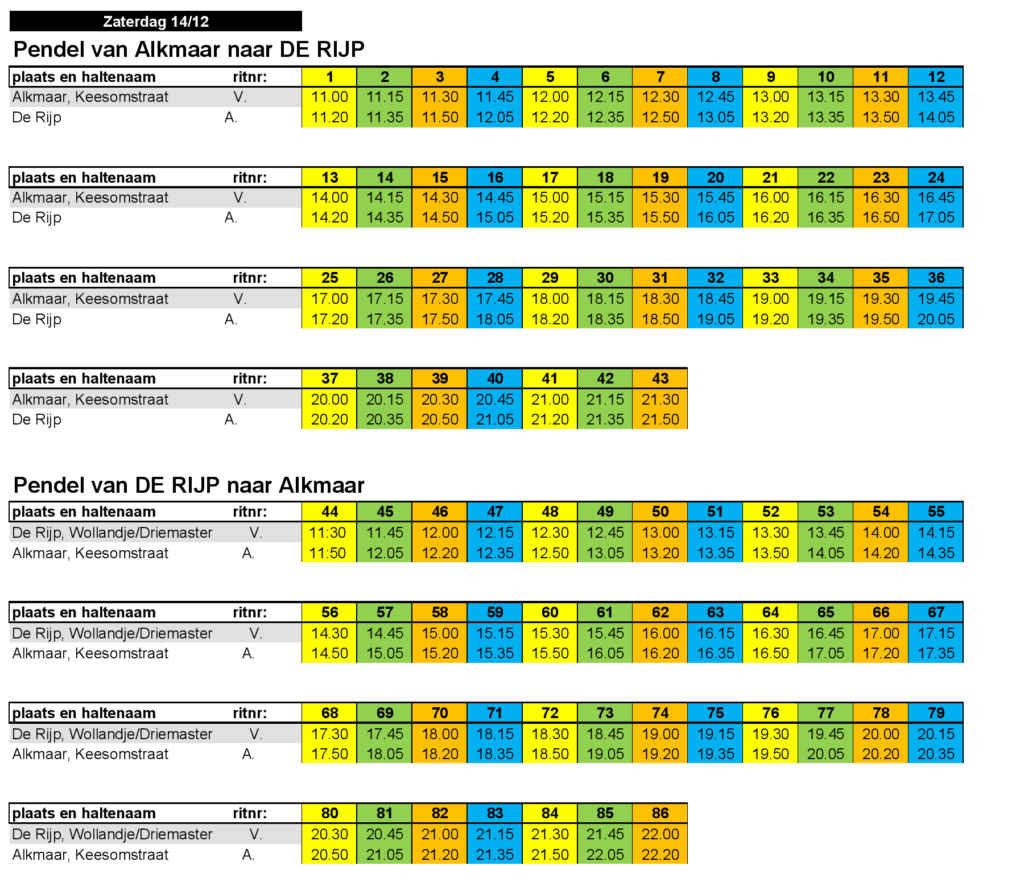 Tijdschema pendelbus Alkmaar - De Rijp v.v. voor zaterdag 14 december 2024