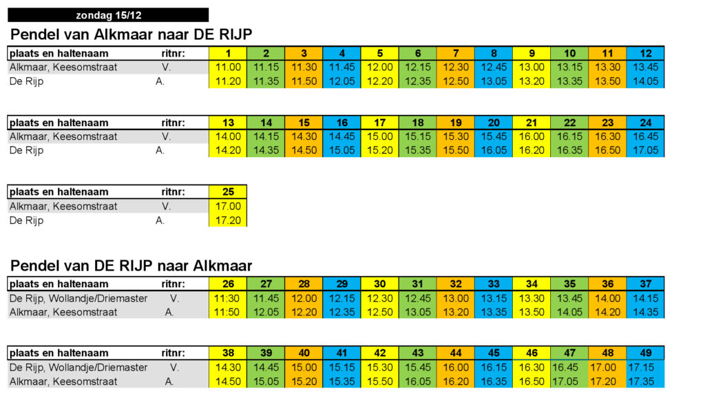 Tijdschema pendelbus Alkmaar - De Rijp v.v. voor zondag 15 december 2024