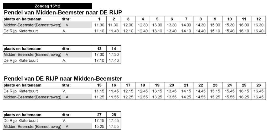 Tijdschema pendelbus Middenbeemster - De Rijp v.v. voor zondag 15 december 2024